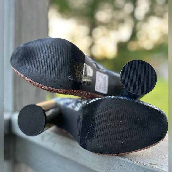 YOKI Willen Rose Gold Glitter Denim Graffiti Cylinder Heel Zip Ankle Boot 7 WILD - Picture 10 of 14